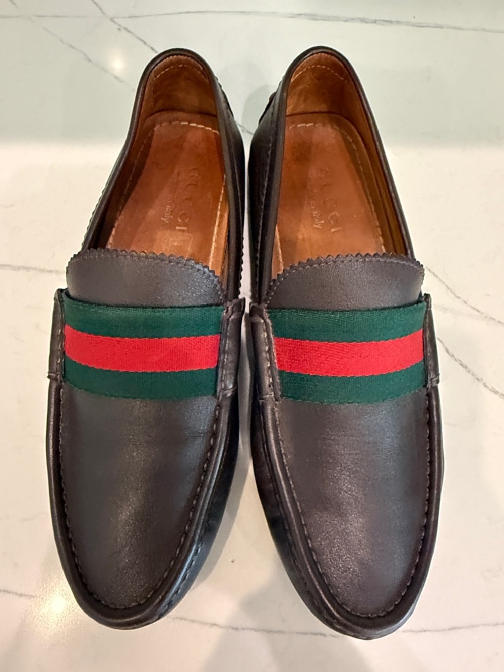 Gucci Brown Leather Slip-On Loafers with Green & Red Web Stripe - Picture 3 of 8